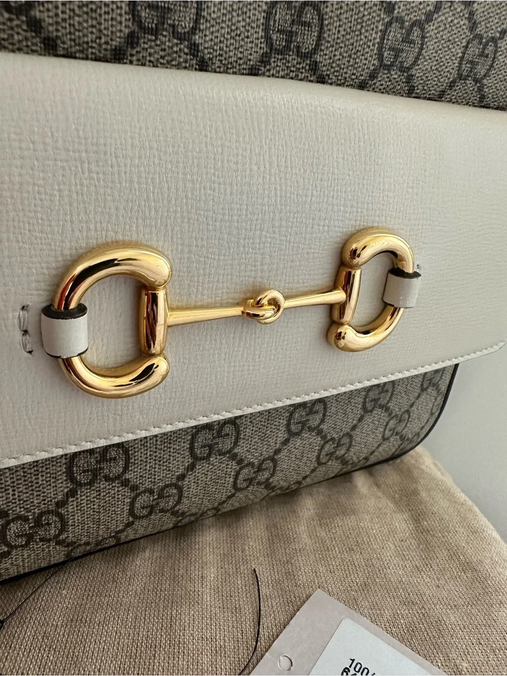 Gucci GG Supreme Canvas Crossbody with Cream Leather Flap and Gold Horsebit